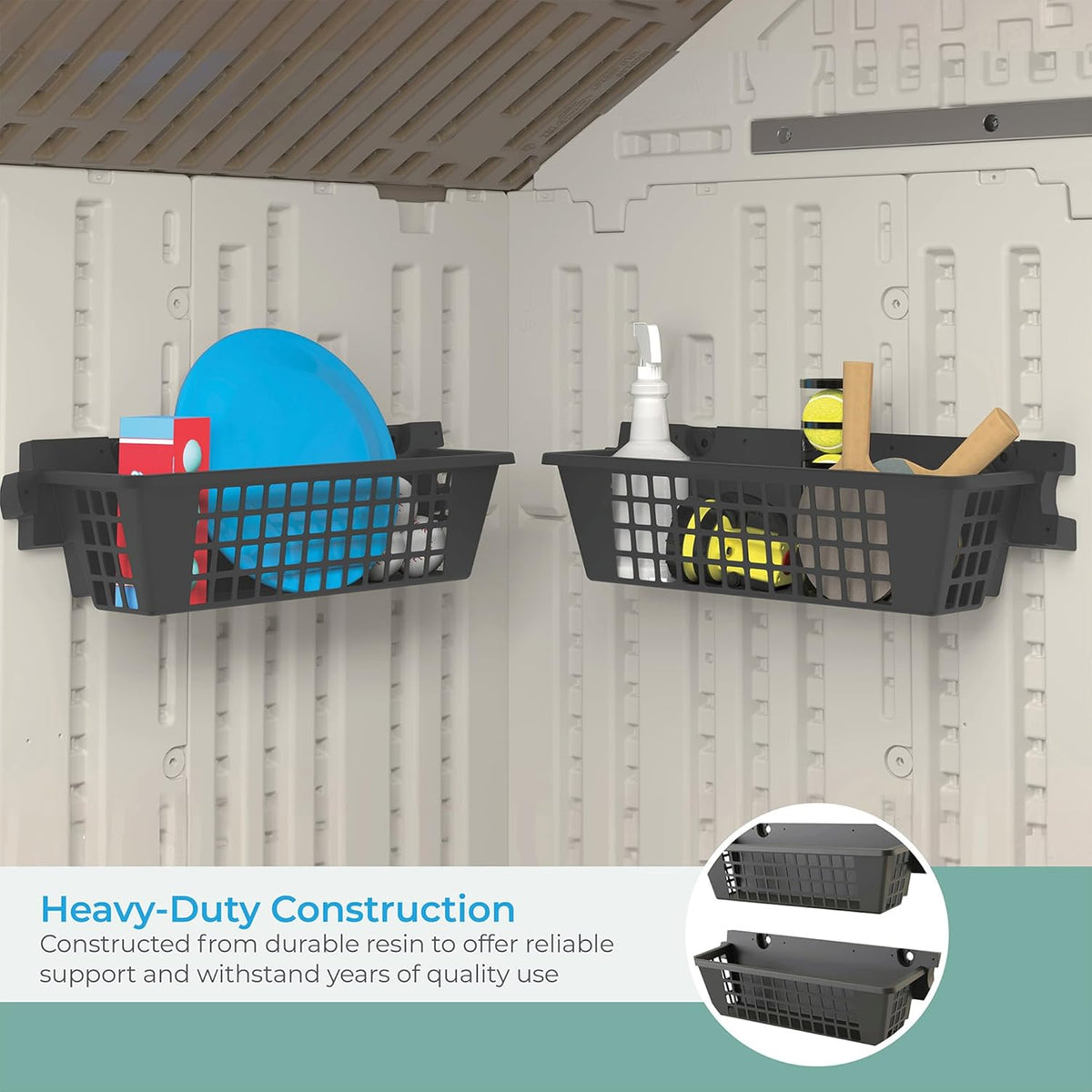 Suncast 4 Pack Accessory Baskets, Resin Organizers for Shed, Black, 25" x 7.25" x 7" - Outdoor Storage, 30 lb Weight Capacity, EZ Bolt Wall-Mount