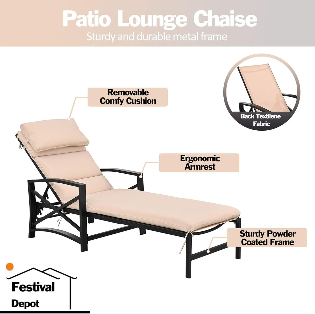 Festival Depot 3 Pieces Patio Outdoor Chaise Lounge Chairs with Cushions Set with Coffee Table Premium Fabric Metal Frame Furniture Garden Bistro Soft Backrest (Khaki)