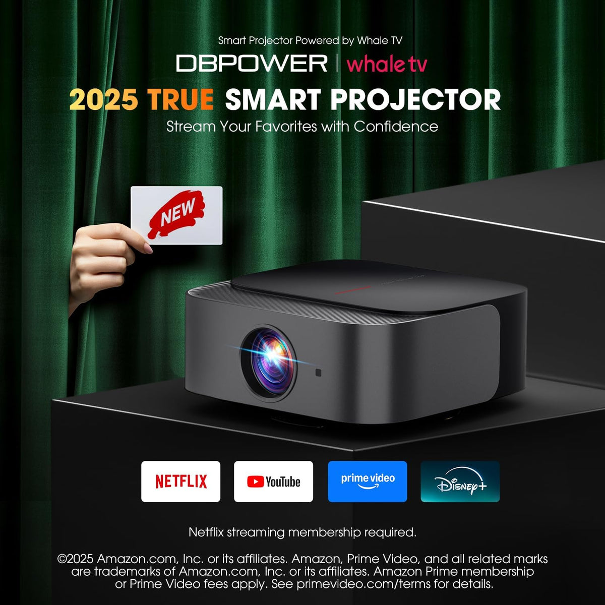 386+ Built-in Apps DBPOWER E2 Smart Projector with WiFi and Bluetooth, Native 1080P Mini Projector Compatible with Netflix, Youtube, D+, Hulu, Max & Crunchyroll, Electric Focus & Carry Case