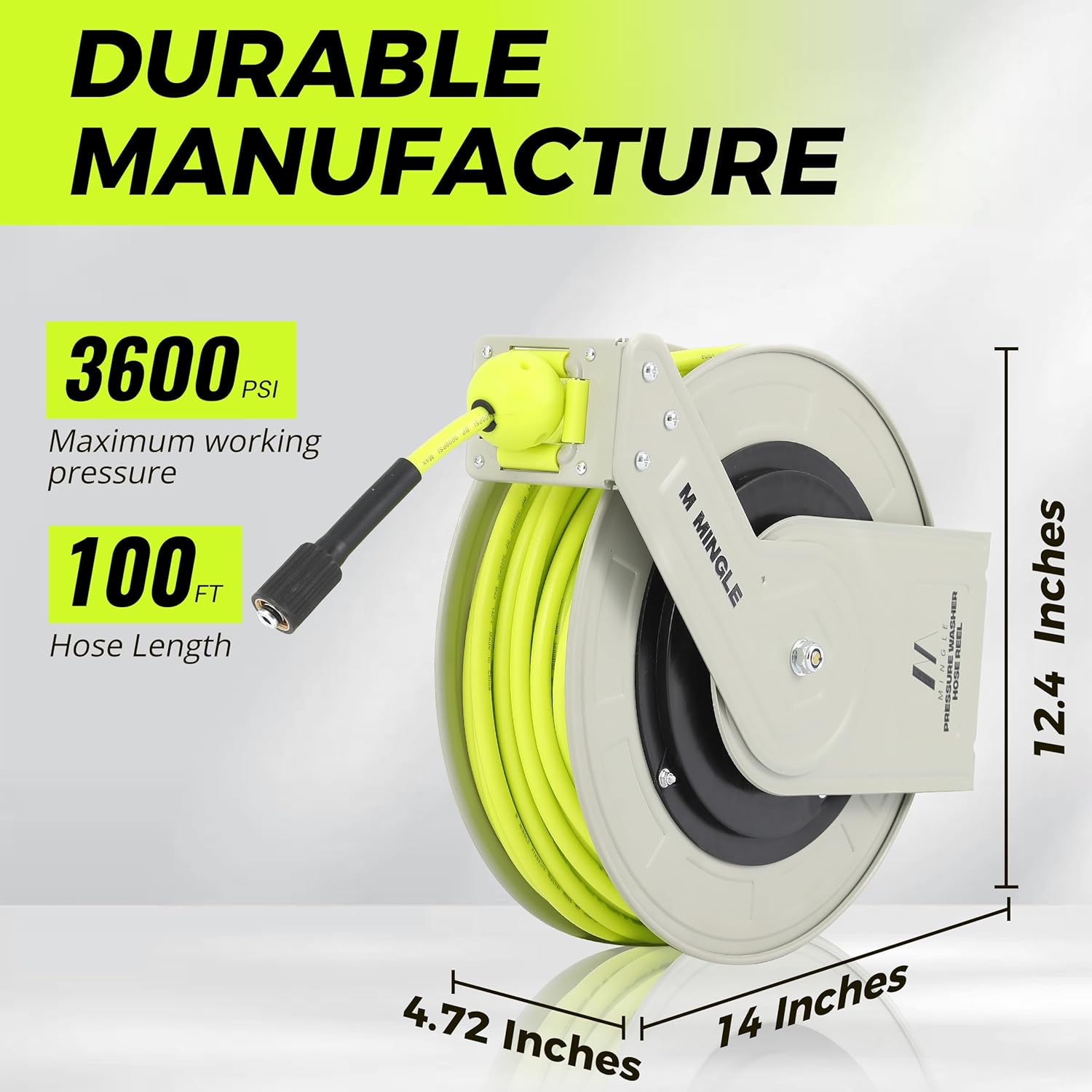 M MINGLE Retractable Pressure Washer Hose Reel, 1/4" × 100ft Heavy Duty Professional Hose Reel, Auto Rewind Power Washer Hose Reel, Wall/Floor Mounted, 3600 PSI