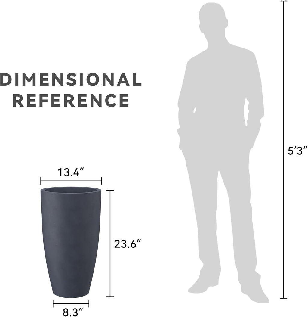 Kante 23.6" H Charcoal Concrete Tall Planters (Set of 2), Large Outdoor Indoor Decorative Plant Pots with Drainage Hole and Rubber Plug, Modern Style for Home and Garden