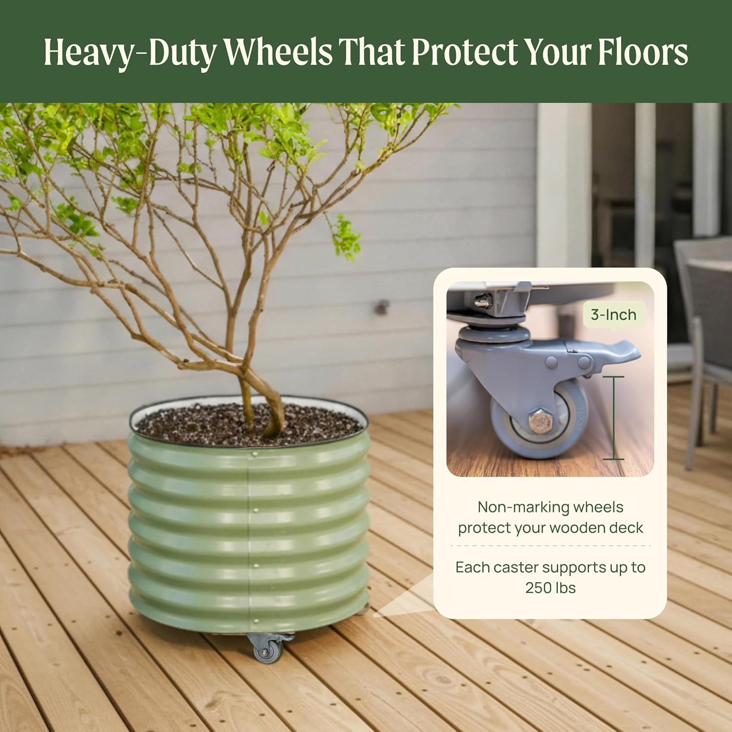 Rolling Metal Citrus Tree Planter Pot, 27″ Round Planter Box for Porch Patio & Backyard, 45 Gallon Large Planter Pot with Wheels for Growing Olive Trees Tomatoes Vegetables and Flowers, Olive Green