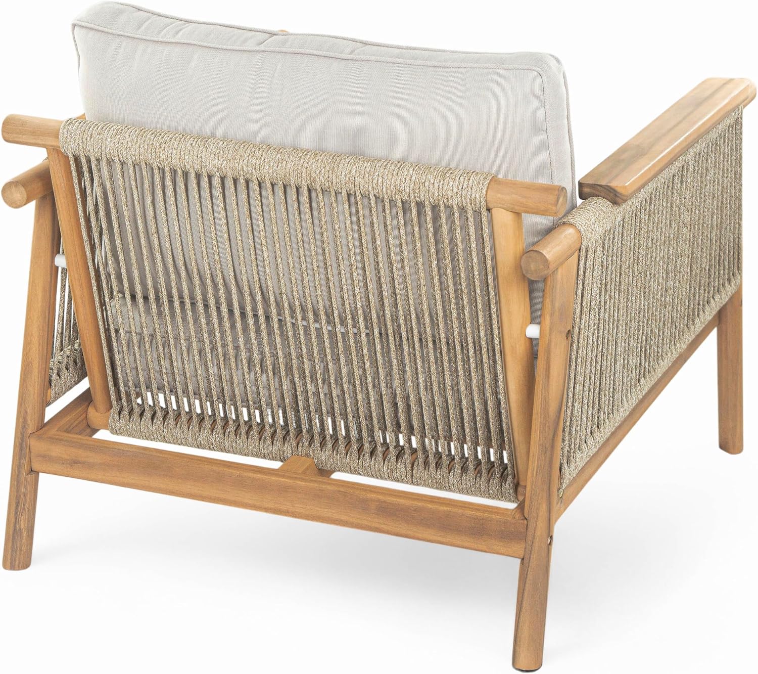 Merax Outdoor Acacia Wood Lounge Chair w/Coushions Set of 2, Patio Club Chair with Rope & Sturdy Wood Legs, All-Wearther Singe Sofa Chair for Porch, Lawn, Backyard, Balcony, Teak+ Beige