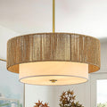 Boho Rattan Chandelier 18'' Gold Hand Woven Chandeliers with Fabric Shade 4-Light Drum Pendant Light Fixture for Dining Room Bedroom Kitchen Hallway Foyer