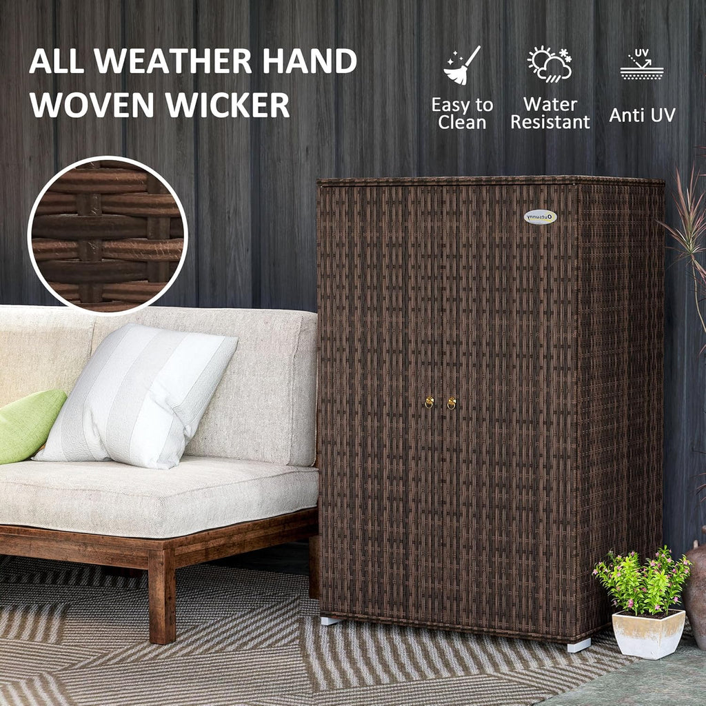 Outsunny Wicker Outdoor Storage Cabinet with Shelves, 2-Door Rattan Pool Towel Storage Cabinet with Removable Shelf & Drawer, Outdoor Towel Holder for Garden, Backyard, Porch, Mixed Brown