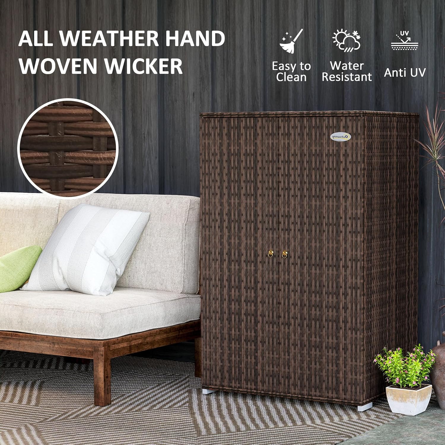 Outsunny Wicker Outdoor Storage Cabinet with Shelves, 2-Door Rattan Pool Towel Storage Cabinet with Removable Shelf & Drawer, Outdoor Towel Holder for Garden, Backyard, Porch, Mixed Brown