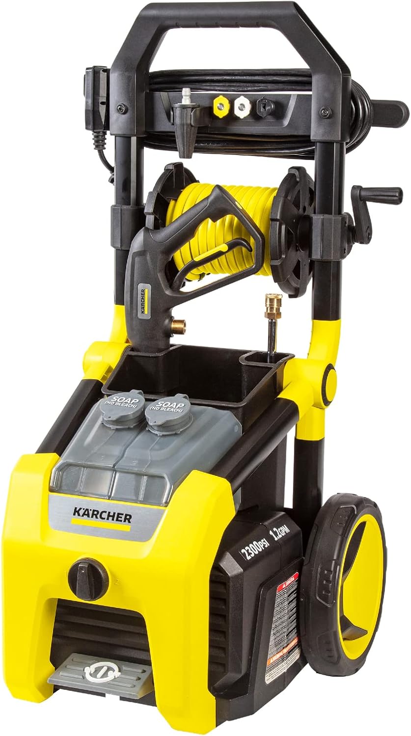 Kärcher Pressure Washer K2300PS, CETA Certified, 4 Spray Nozzles, Detergent Tank, Hose Reel, for Cars, Driveways, Siding, Patios, 1.2 GPM