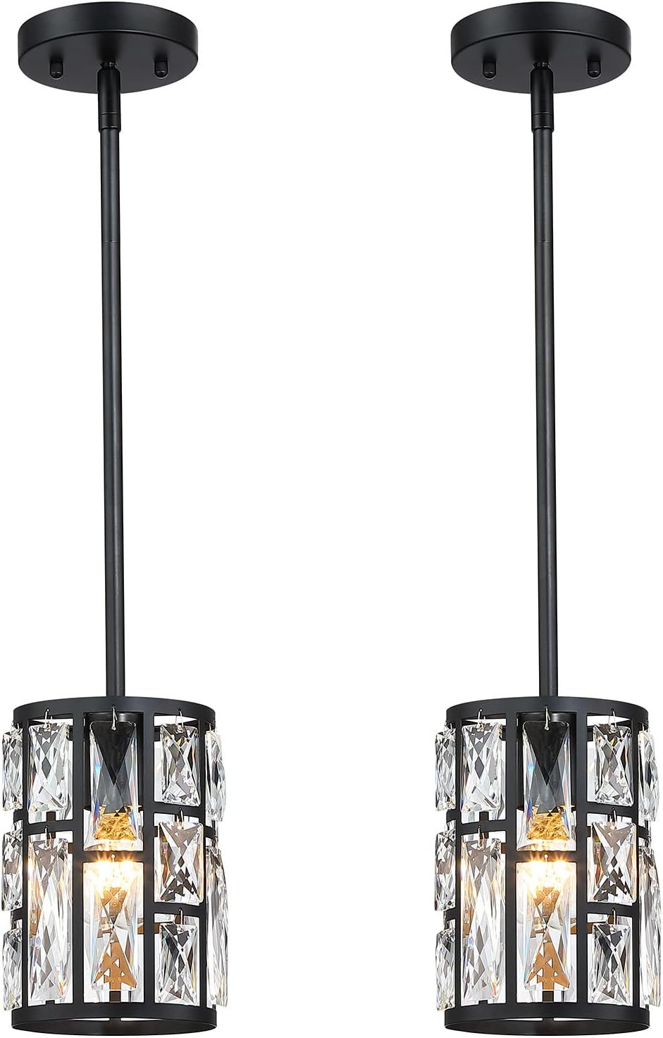 MEXO Modern Crystal Pendant Light Fixture 2-Pack Matte Black Finish Hanging Lighting Crystal Chandelier for Living Room, Kitchen