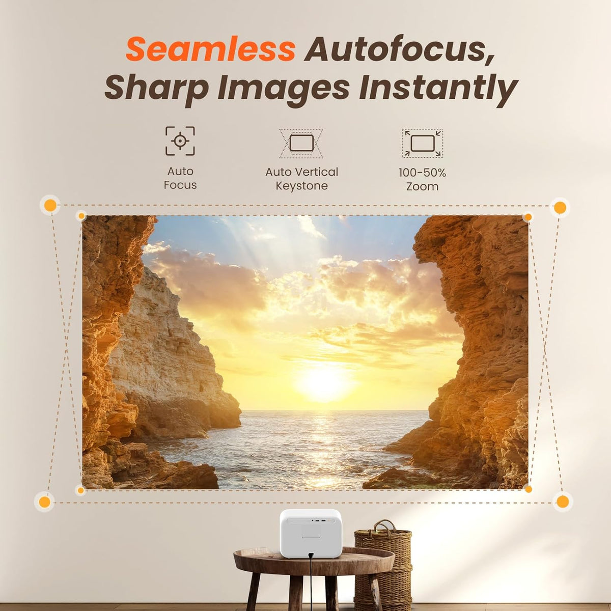 Sound by JBL&Seamless Autofocus Yaber 1080P Projector 4K Support with WiFi 6 and Bluetooth, Portable Outdoor Movie Projector, Home Theater Projector for iPhone/TV Stick/HDMI/Laptop/PS5-White
