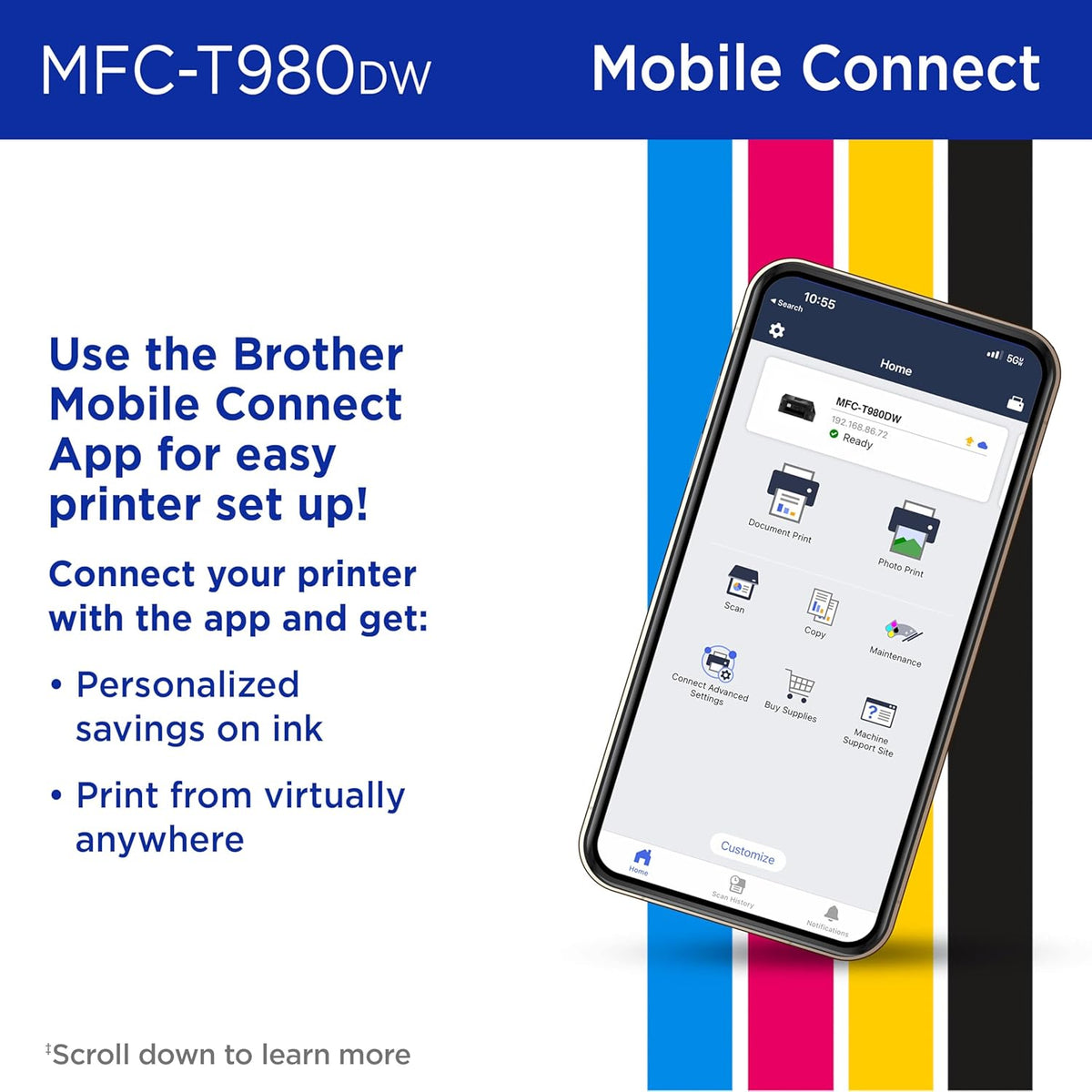 Brother INKvestment Tank 980 Wireless and Ethernet Color Inkjet All-in-One Printer with Multipurpose Tray | Includes up to 3 Years of Ink in-Box(1) and Limited Warranty(2) (MFC-T980DW)