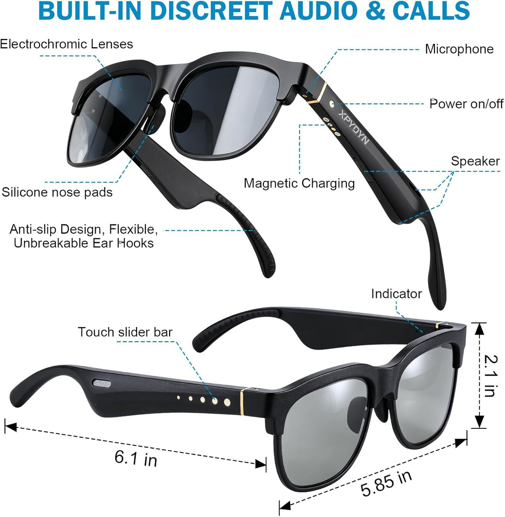 Smart Bluetooth Sunglasses with Electrochromic Lenses, Multi-Level Tint Control for Driving, Travel, Fishing, Daily Use, Open-Ear Audio Speakers, Bluetooth 5.4, Unisex High Tech Gift