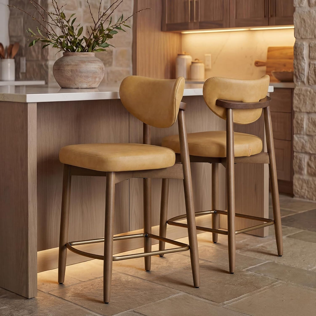 VASAGLE Wooden Bar Stools Set of 2, Upholstered Counter Height Barstools with Solid Wood Legs, Ergonomic Backrest, Mid Century Modern, for Kitchen Island, Synthetic Leather, Caramel Brown
