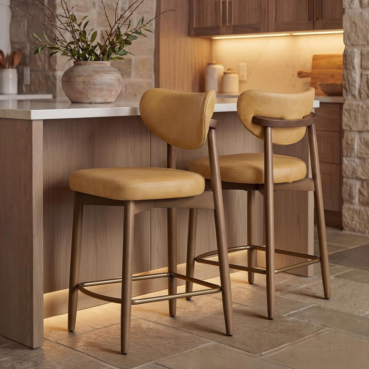 VASAGLE Wooden Bar Stools Set of 2, Upholstered Counter Height Barstools with Solid Wood Legs, Ergonomic Backrest, Mid Century Modern, for Kitchen Island, Synthetic Leather, Caramel Brown