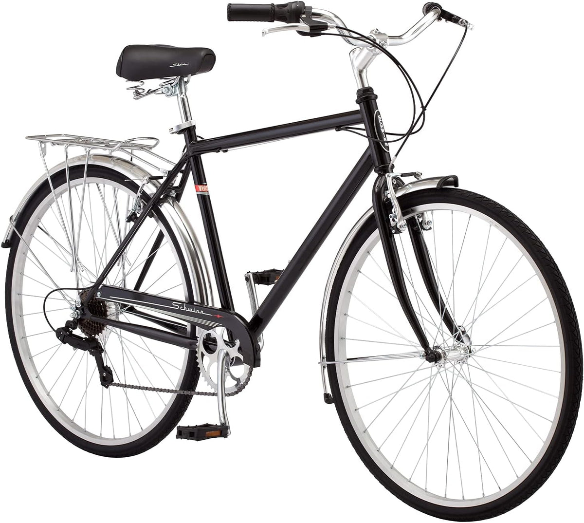 Schwinn Wayfarer Hybrid Bike, 700c Mens and Womens Bike, 7-Speed Hybrid Bicycle, Retro Steel Frame, Front and Rear Linear Pull Brakes, Fenders, Cargo Space, Adult Bicycle