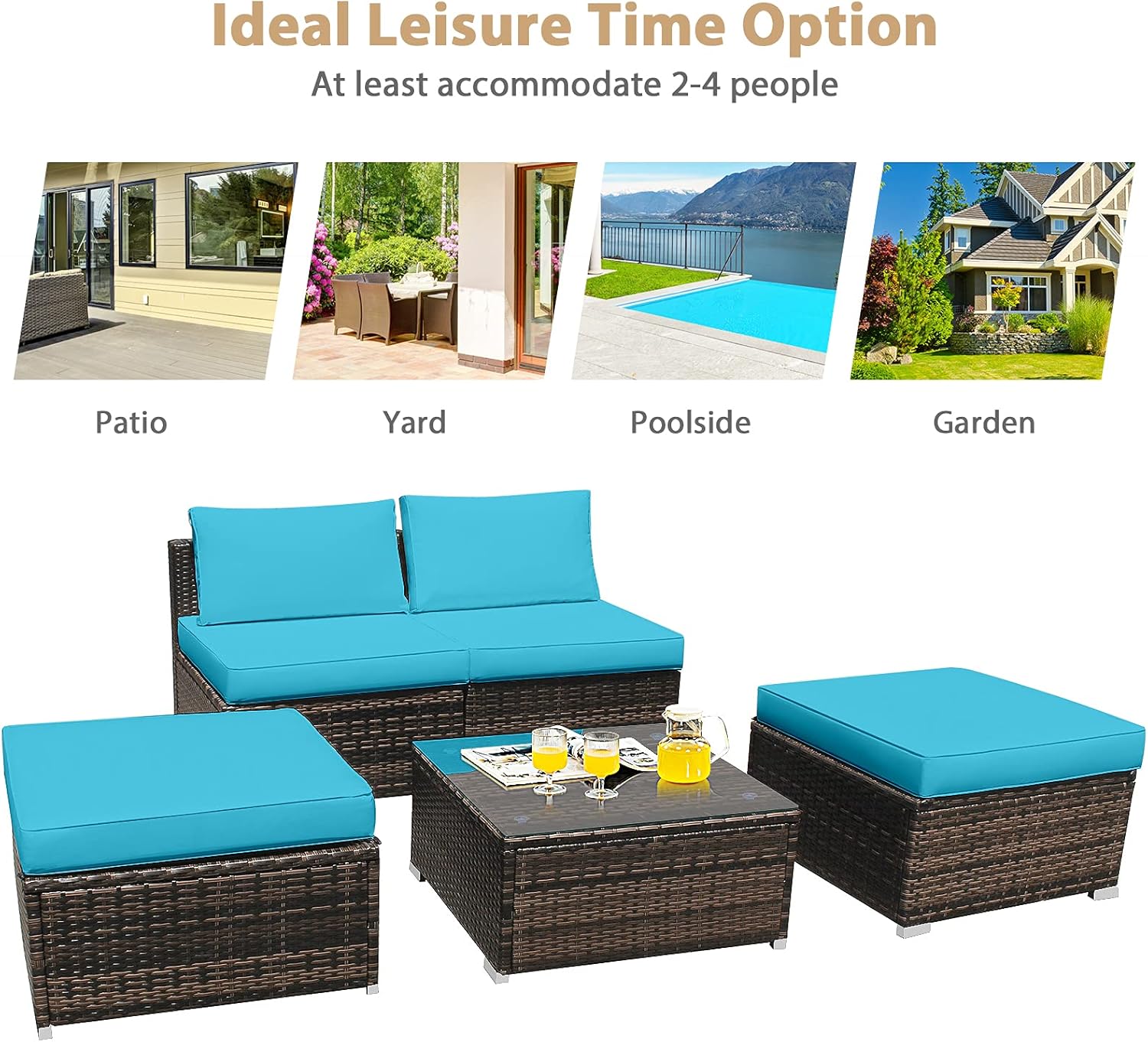 Tangkula 5 Piece Wicker Lounge Chair Set, with Tempered Glass Coffee Table, Outdoor Conversation Sets w/Washable Zippered Cushions, Includes 2 Armless Sofas, 2 Ottomans and 1 Side Table (Turquoise)