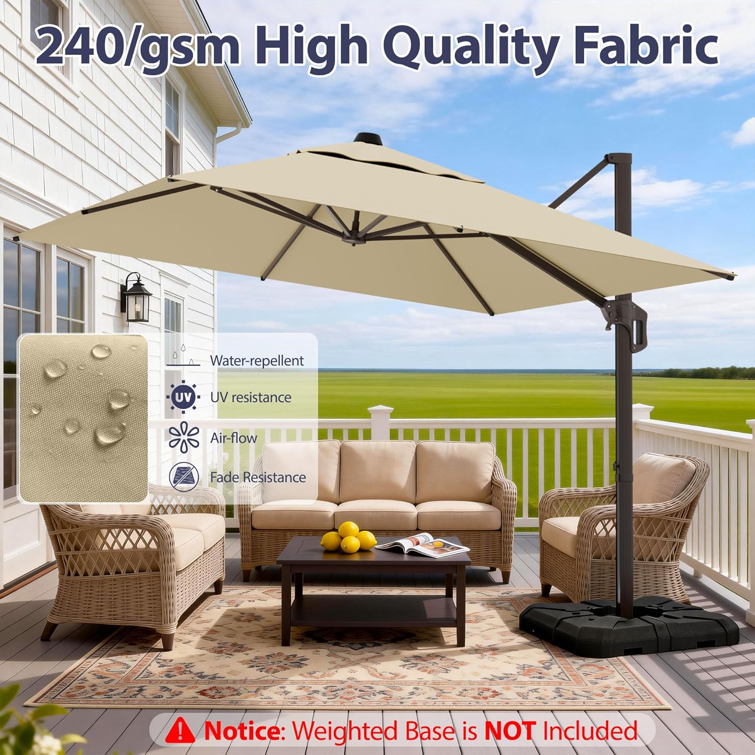 10' X 10' Patio Umbrella Cantilever Outdoor Rectangle Umbrella with Base Included, Heavy Duty 360°Rotation Offset Umbrella for Garden Deck Pool Patio, Beige