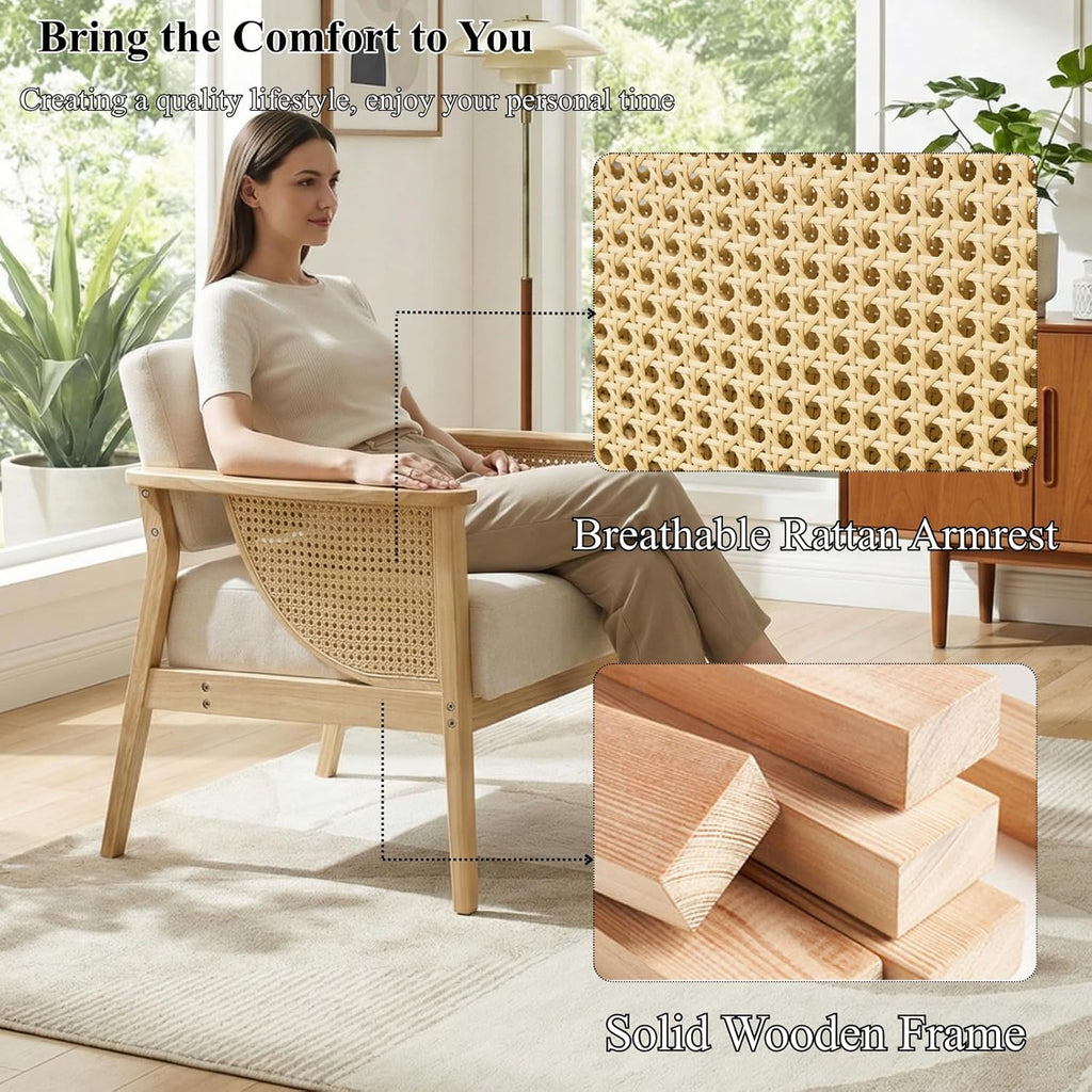 Mid Century Modern Accent Chair Set of 2, Rattan Armchair with Wood Legs Living Room Chair Linen Upholstered Lounge Chair for Bedroom Reading Room, Beige