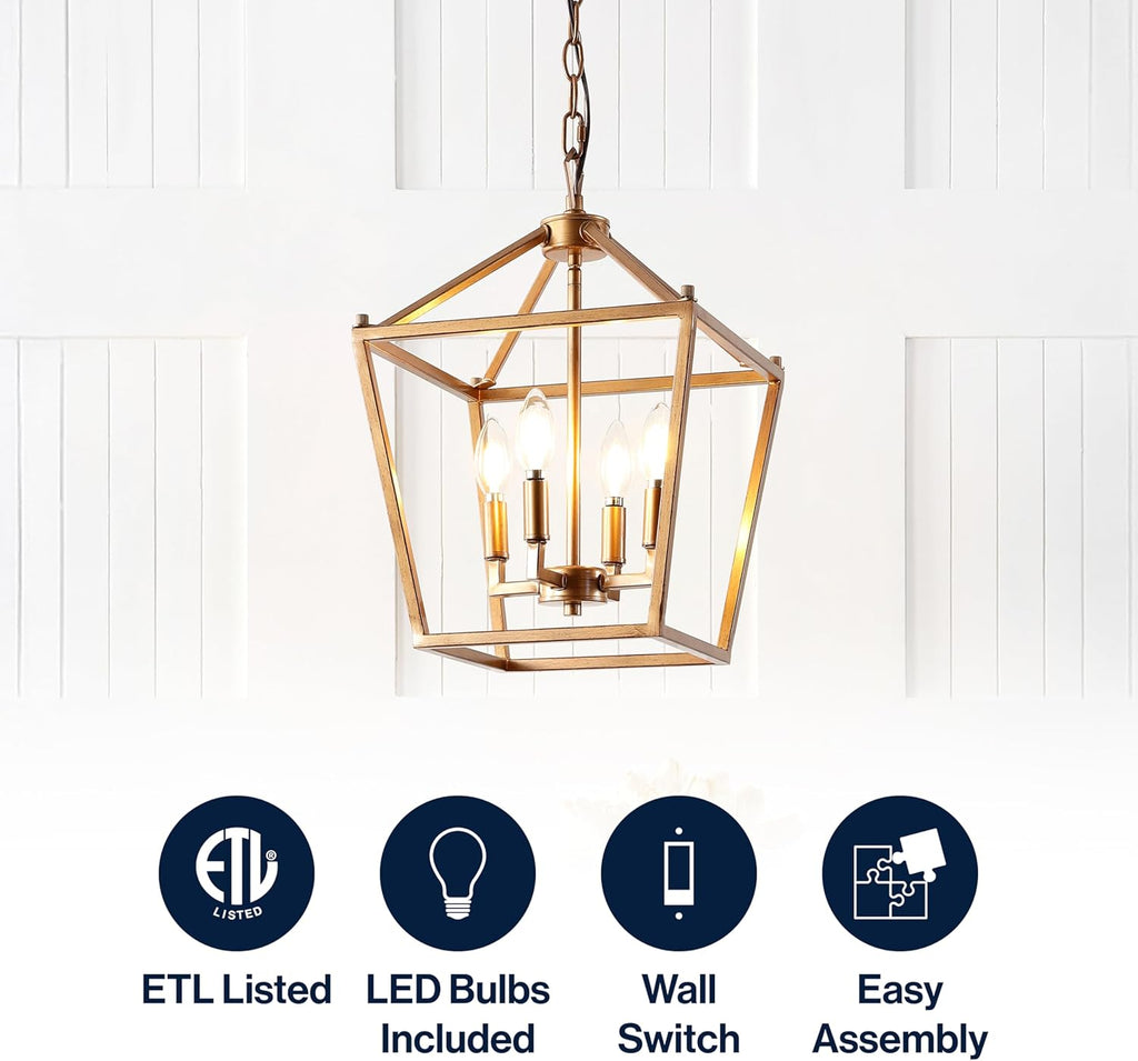 JONATHAN Y 12" Antique Gold Lantern Pendant Light, 4-Light Pagoda Style Metal Cage Farmhouse Hanging Ceiling Fixture for Kitchen Island, LED Bulb Included (JYL7436B)