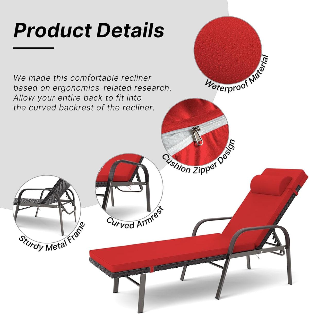 Gotland Patio Chaise Lounge Sets Outdoor Armchair Recliner Rattan Adjustable Back 3 Pieces Cushioned Patio Folding Chaise Lounge with Folding Table