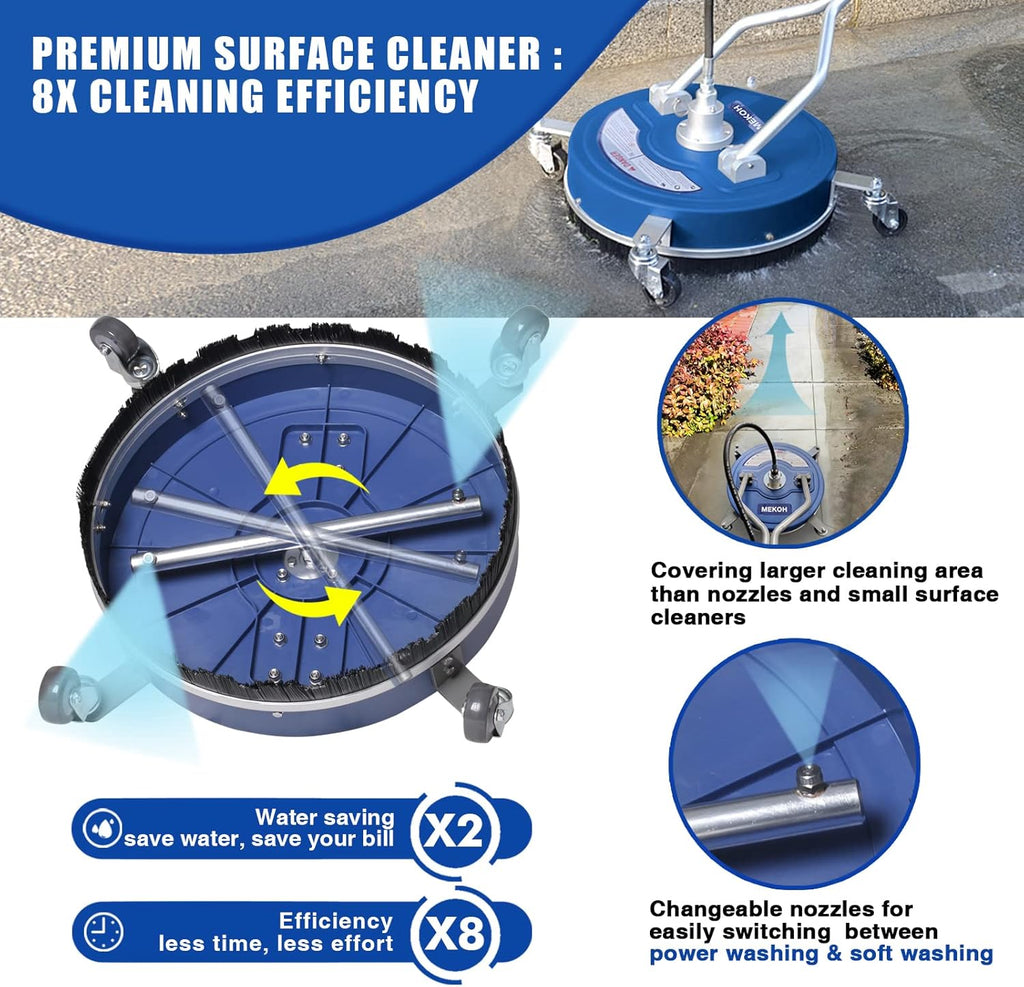 MEKOH Pressure Washer Surface Cleaner 20'', 4500PSI Power Washer Surface Cleaner Attachment with Wheels, Pressure Washer Accessory for Driveway Sidewalk Curb Deck Patio Cleaning, 3/8'' Quick-Connect