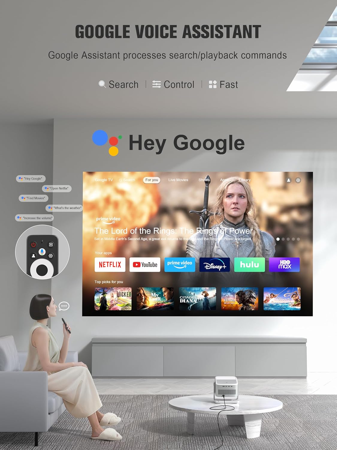 【Official Licensed Google TV】4K Smart Projector with WiFi and Bluetooth, VOPLLS Outdoor Projectors with Dolby/Auto Focus, Portable Movie Phone Wireless Gaming Wifi Proyector for Bedroom/Home/Celling