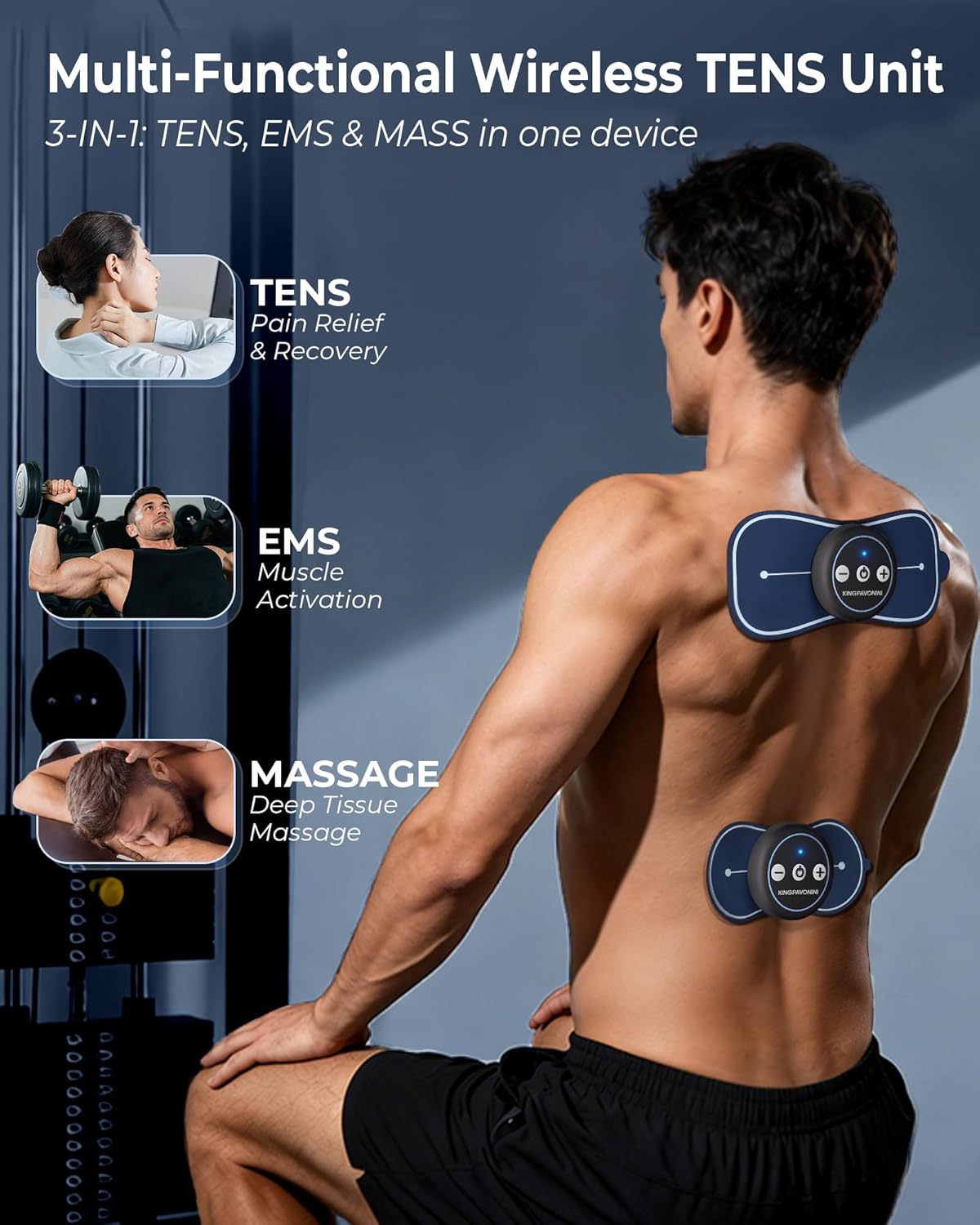 KingPavonini Wireless TENS Unit Muscle Stimulator with Remote, 2 Units TENS Machine for Pain Relief, 4 Ultra-Large Pads for Back Shoulder Sciatica, Storage Bag, 6 Modes 20 Intensities, Model SM9116