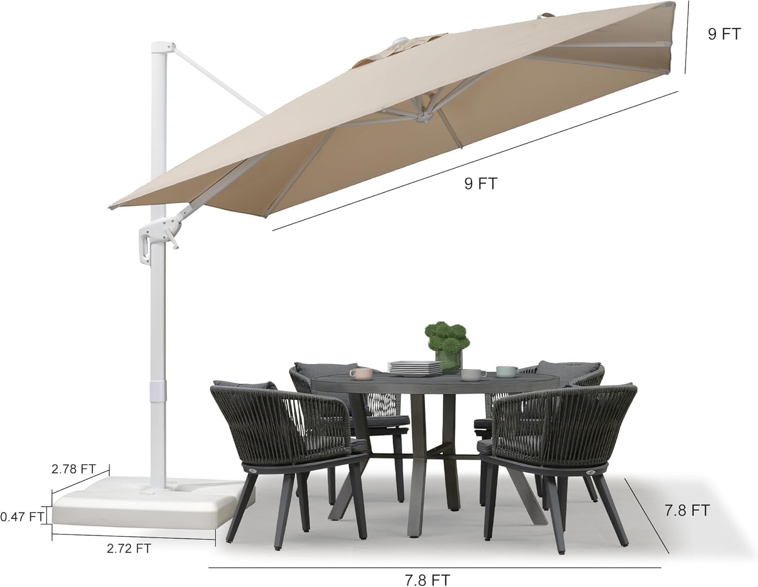 PURPLE LEAF 9 FT White Patio Umbrella With Base Outdoor Cantilever Umbrellas Square Offset Umbrella Windproof with 360° Rotation for Garden Deck Pool, Beige