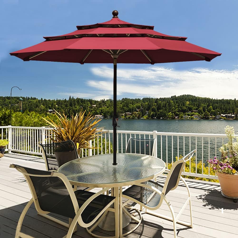 EliteShade USA 10-Year-Non-Fading 9ft 3-Tier Market Patio Umbrella, Commercial Grade Outdoor Table Umbrella with Crank Open, Windproof & UPF 50+ UV Protection, Heavy Duty Ventilation for Garden, Deck, Pool, Backyard, Beach & Bistro, Burgundy