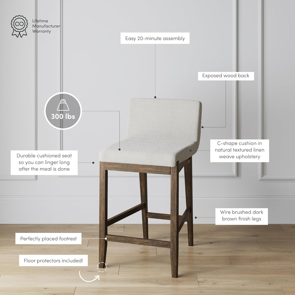 Nathan James Gracie Modern Counter Height Bar Stool with Back, Counter Stool Upholstered Chair with Natural Textured Linen and Brushed Wooden Legs, Cream Boucle/Dark Brown, Set of 4