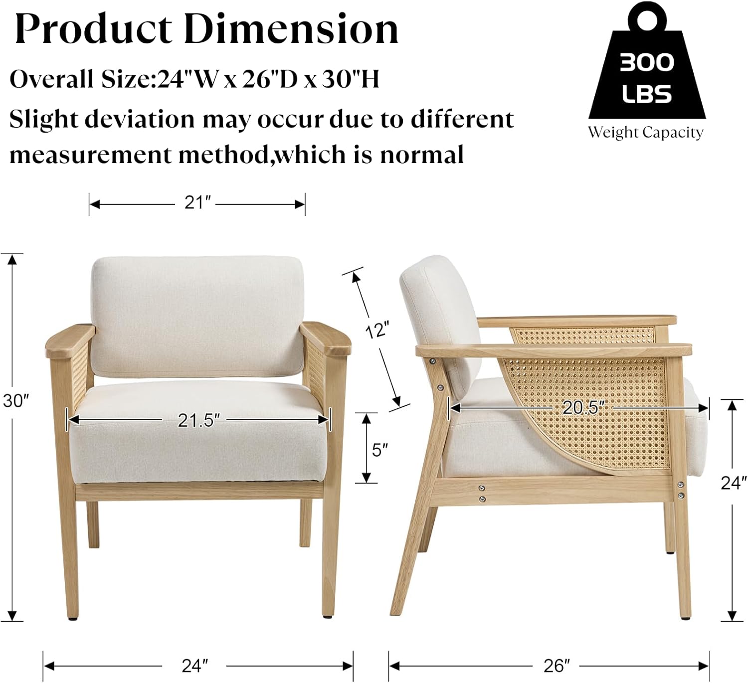 Mid Century Modern Accent Chair Set of 2, Rattan Armchair with Wood Legs Living Room Chair Linen Upholstered Lounge Chair for Bedroom Reading Room, Beige
