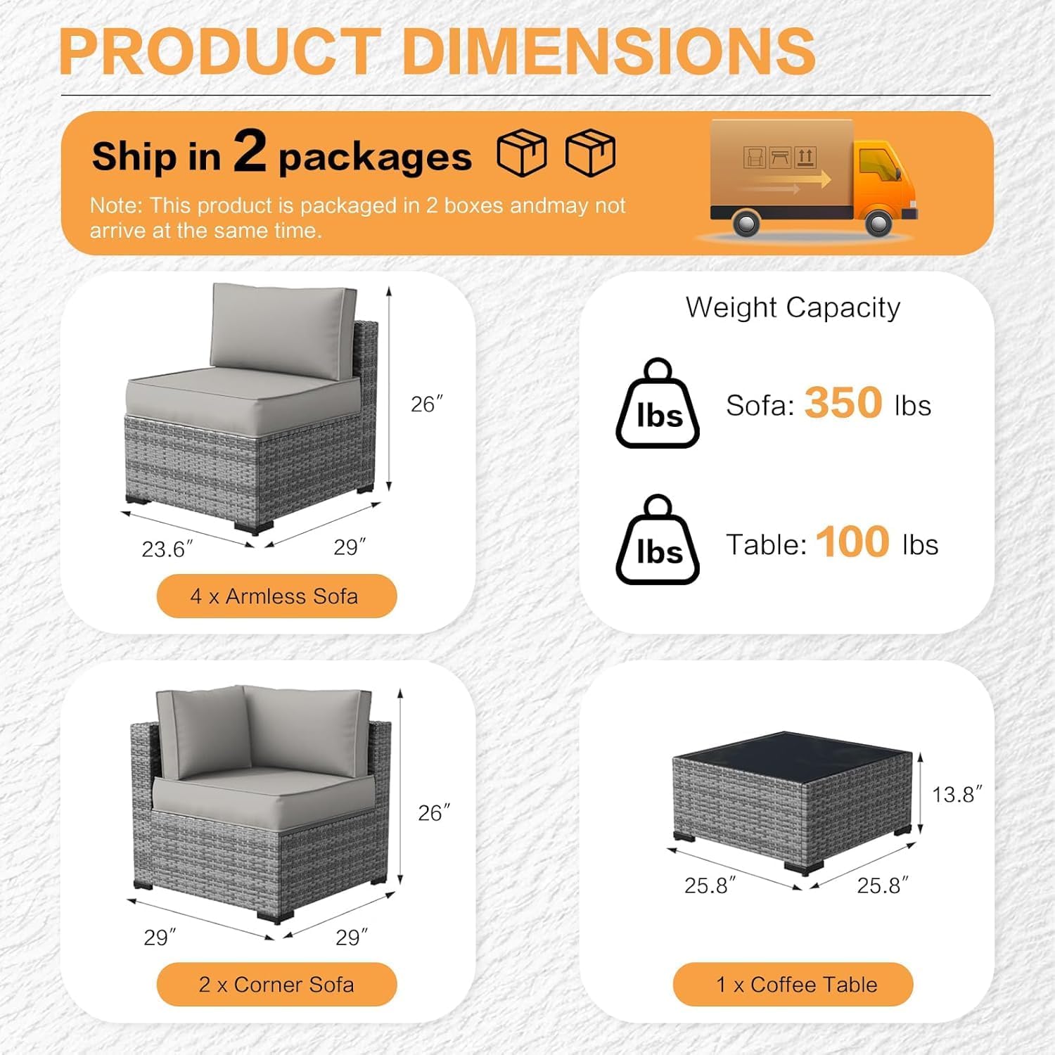 MOCHITO 7 Pieces Outdoor Patio Furniture Sets, All-Weather Sectional Sofa Grey PE Rattan Wicker Conversation Set with Glass Table and Washable Grey Cushions for Backyard,Sunroom,Garden,Porch