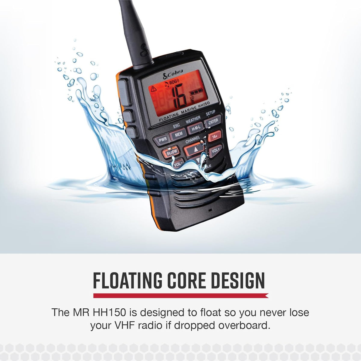 Cobra VHF Marine Radio - MR HH150 FLT - 3 Watt, Floating, Long Range, Handheld, NOAA, International, Waterproof, Submersible, Weather Alerts, LCD Screen, Belt Clip