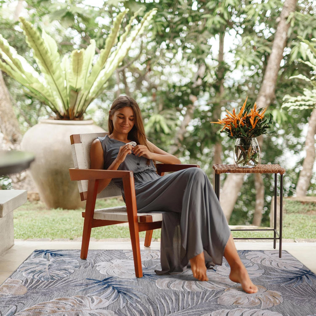 CAMILSON Indoor Outdoor Rug, Blue 7'10”x10' Leaf Tropical Botanical Area Rugs for Indoor and Outdoor patios, Easy-Cleaning Non-Shedding Living Room, Garden and Kitchen Washable Outside Carpet (8x10)