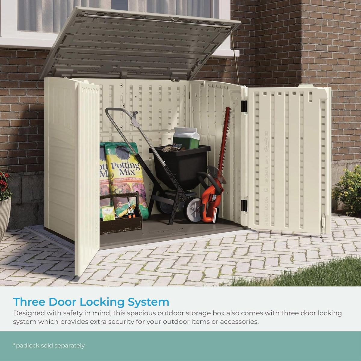 Suncast 34 Cu Ft Horizontal Resin Storage Shed - Outdoor Storage Shed with Floor Included, Lockable, Weatherproof, Fits Small to Medium Trash Cans, Generators, & Garden Tools, Vanilla Stoney