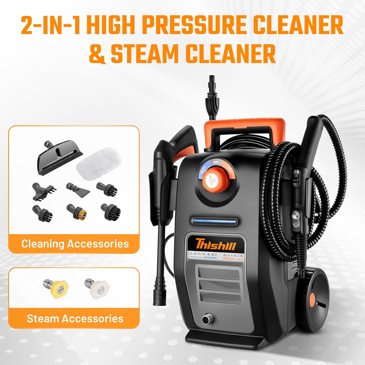 This Hill 2-in-1 Pressure Washer and Steam Cleaner, 3000 PSI 2 GPM Power Washer, 1500W Steam Cleaner with 1L Tank, Portable Cleaning Machine for Car Detailing, Patio, Tile, Grout, Furniture