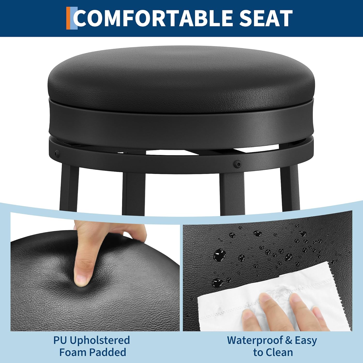 IDEALHOUSE 30'' Swivel Bar Stools Set of 4 with Footrest, Modern Counter Height Barstools with PU Leather Upholstered and Metal Frame, Backless Round Bar Stools for Kitchen Island, Black