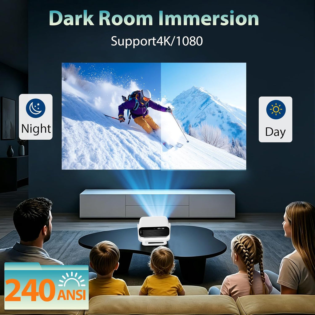 ZDK 1080P Movie Projector for Bedroom: Smooth Grain Free Image Quality with Crisp Details for Family - 360°Rotatable Mini Proyector with Wifi & Bluetooth - 4K Support TV iPhone Airplay - White
