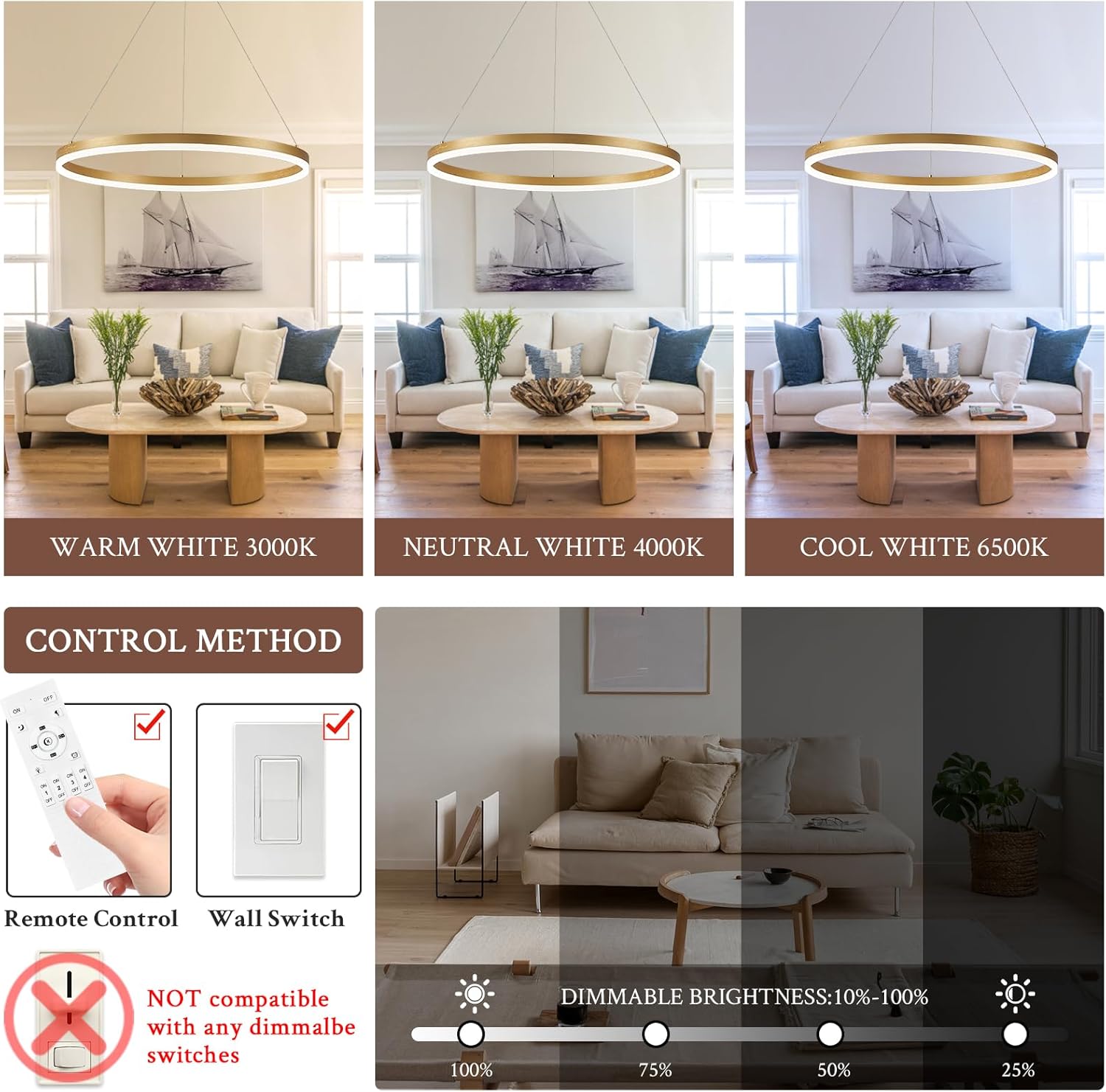 Modern LED Pendant Lighting Ring Chandelier Gold Dimmable LED Chandelier for Dining Room 36W Adjustable Pendant Light Fixture for Living Room Bedroom Home Office Foyer, 3000-6500K D24in