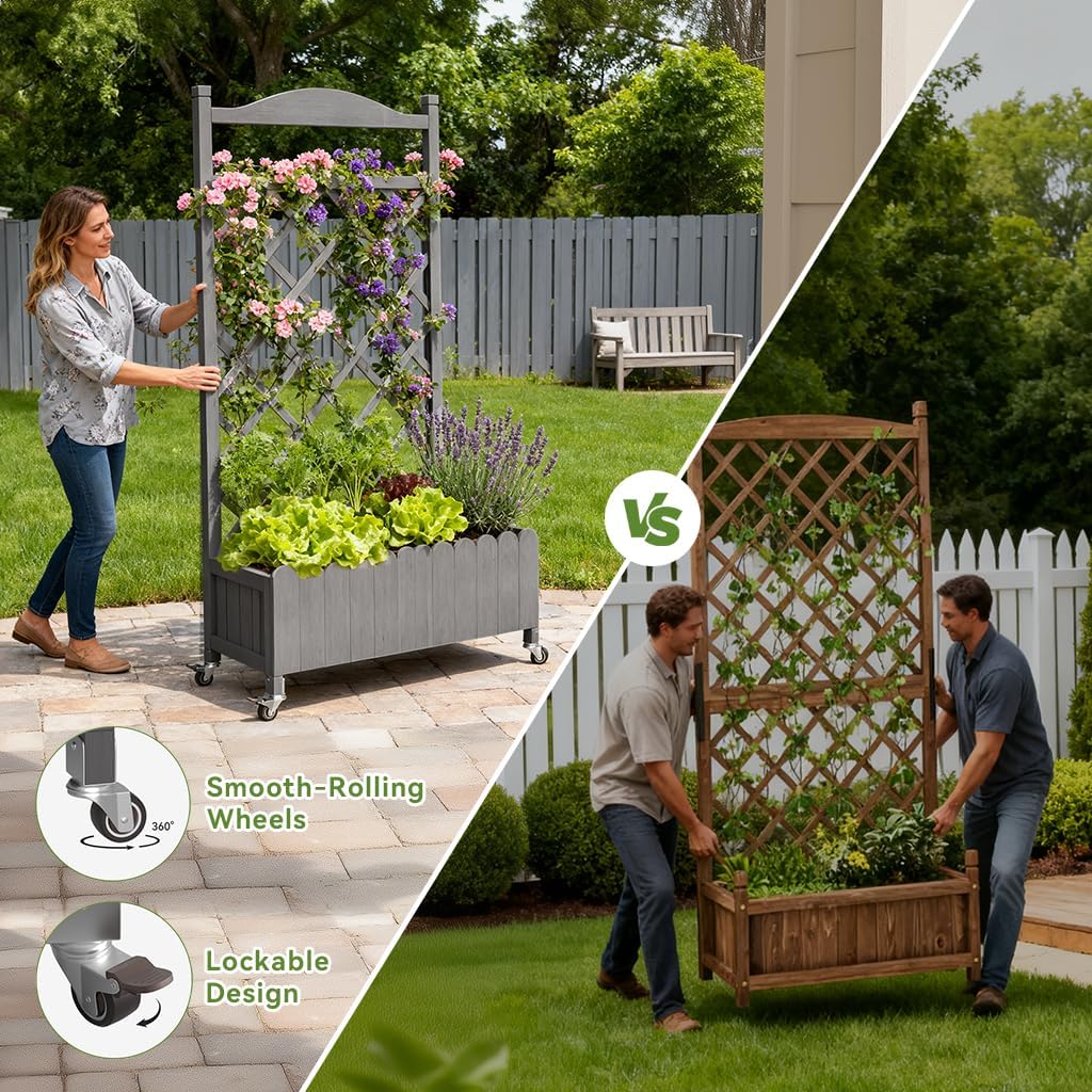 COMHOMA 2 Pack Planter Box with Trellis and Wheels, 48In Elevated Raised Garden Bed, Drainage Holes, Outdoor Lattice for Climbing Flowers, Vegetables, Patio Balcony, Gray