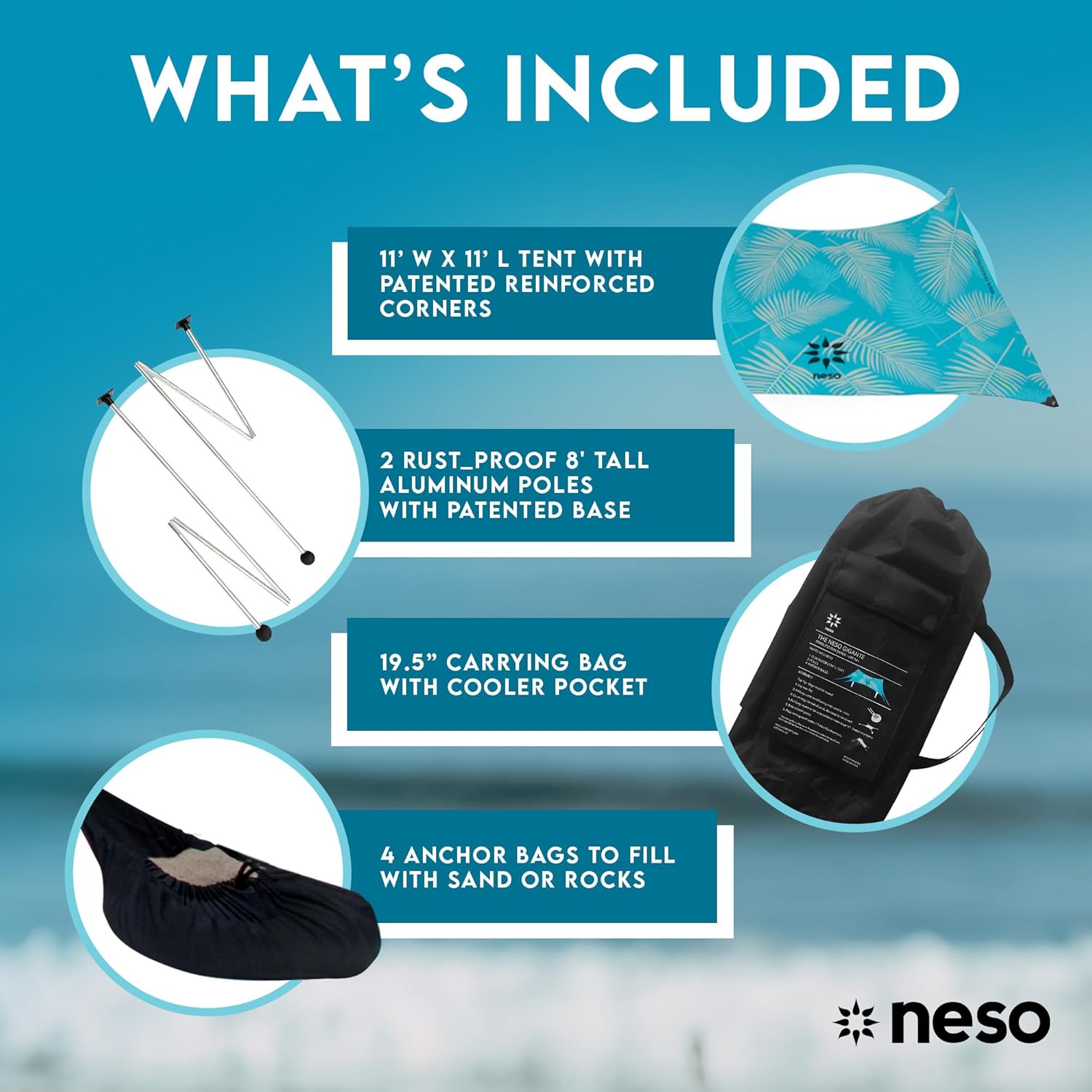Neso Gigante Portable Beach Tent Sun Shelter - Lightweight Beach Shade Canopy - Easy Setup for Family Outings - Patented Reinforced Corners - UPF 50+ - 8ft Tall, 11 x 11ft - Aqua Fronds