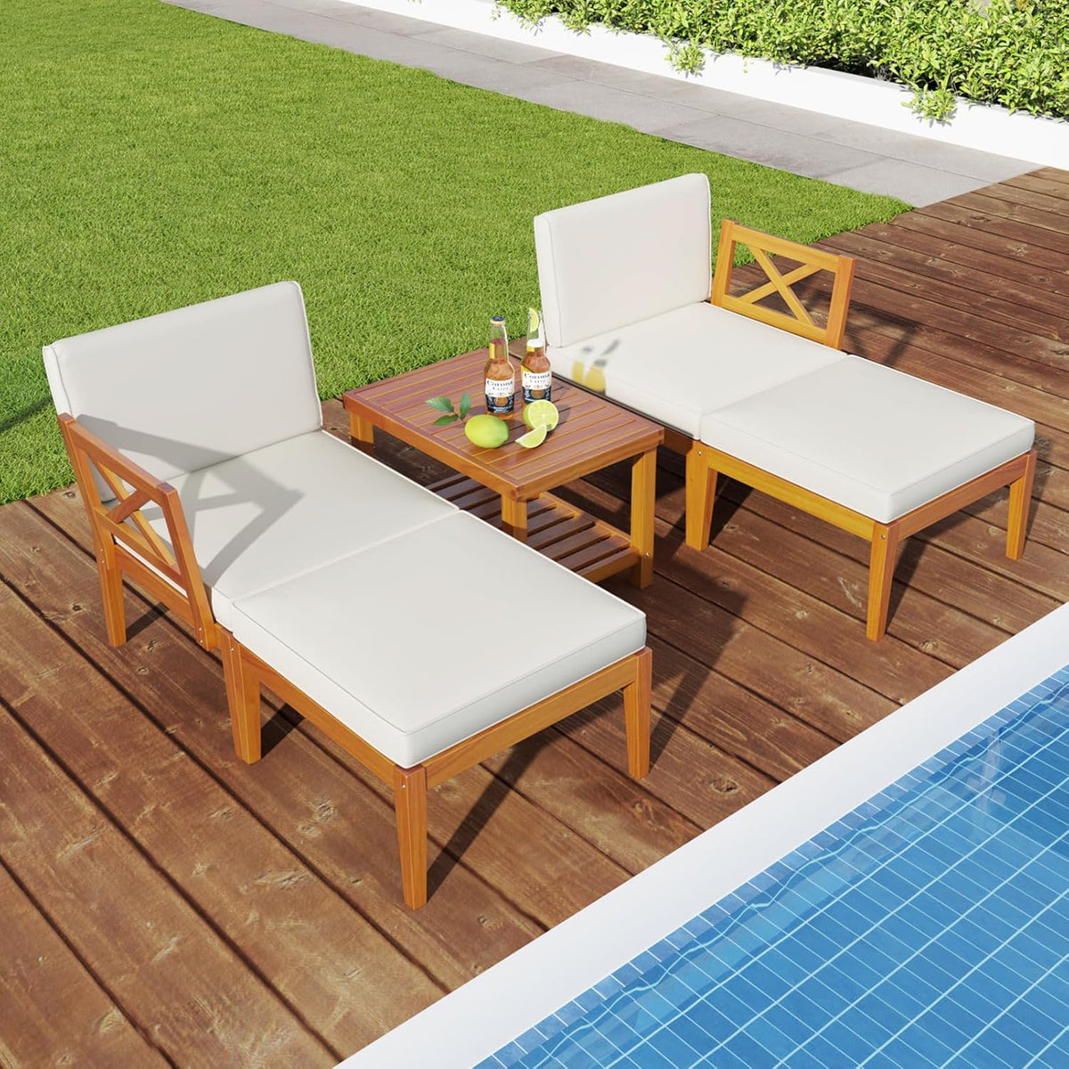HAPPYGRILL 5 Pieces Acacia Wood Patio Chaise Lounge Chair Set with Ottoman, Outdoor Patio Furniture Set with Cushions and 2-Tier Coffee Table, Outdoor Sectional Conversation Sofa Set for Garden