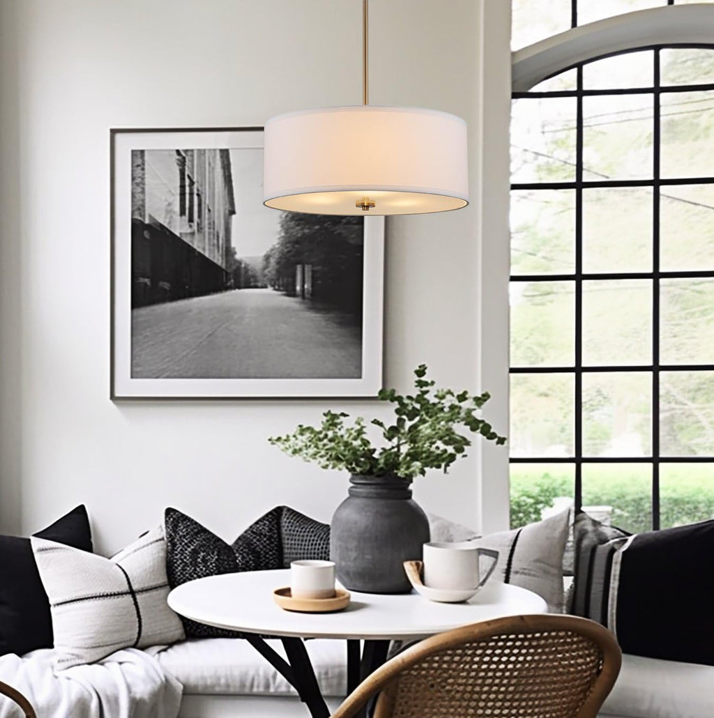 Kira Home Nolan 18" Modern Drum Chandelier with White Fabric Shade, 3-Light Gold Pendant Light with Tempered Glass Diffuser, Cool Brass Finish