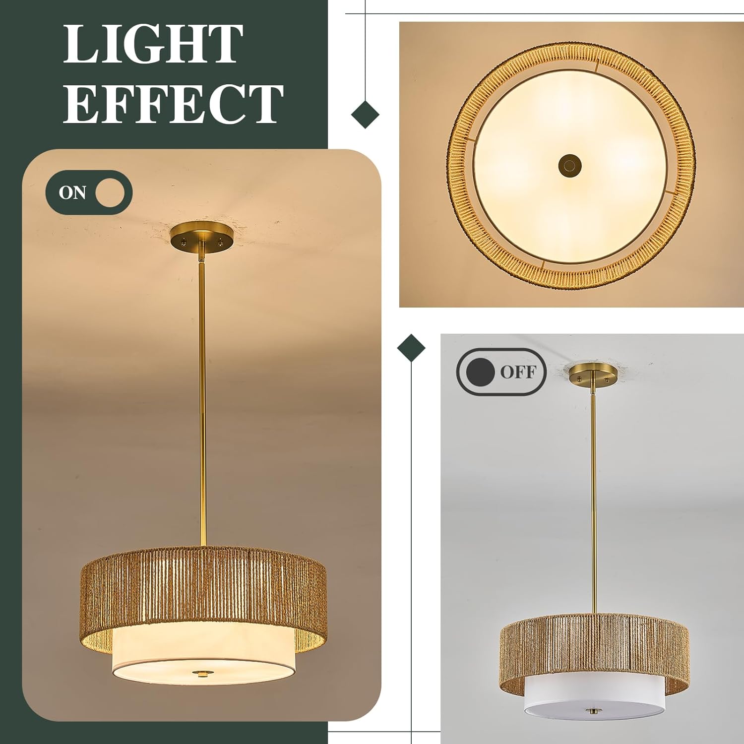 Boho Rattan Chandelier 18'' Gold Hand Woven Chandeliers with Fabric Shade 4-Light Drum Pendant Light Fixture for Dining Room Bedroom Kitchen Hallway Foyer
