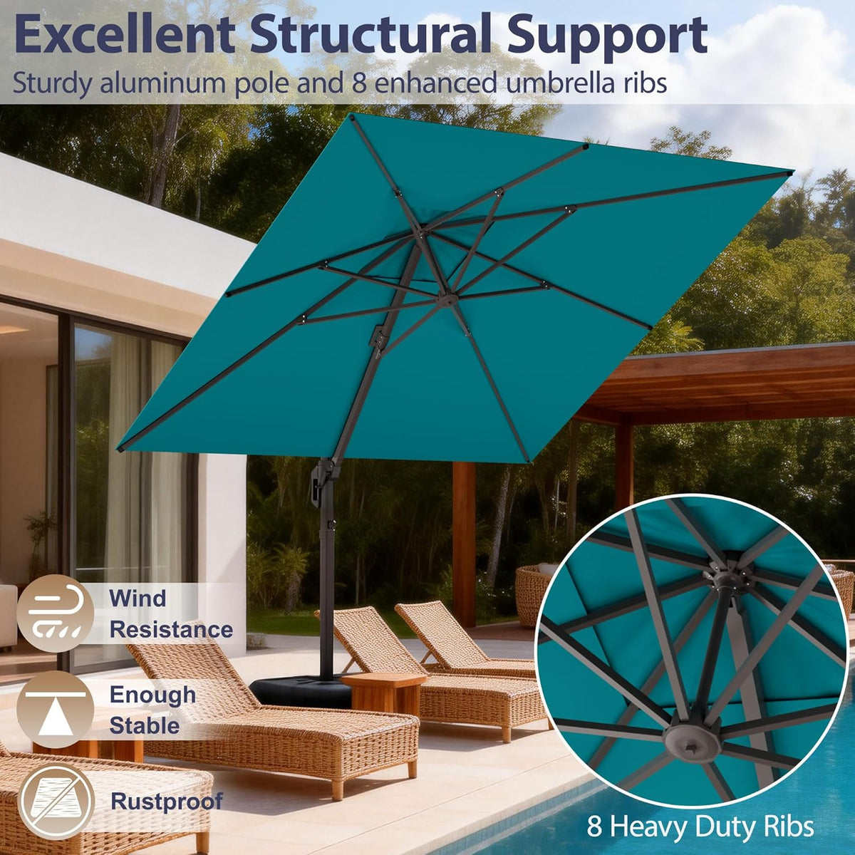 10' X 10' Patio Umbrella Cantilever Outdoor Rectangle Umbrella with Base Included, Heavy Duty 360°Rotation Offset Umbrella for Garden Deck Pool Patio, Turquoise