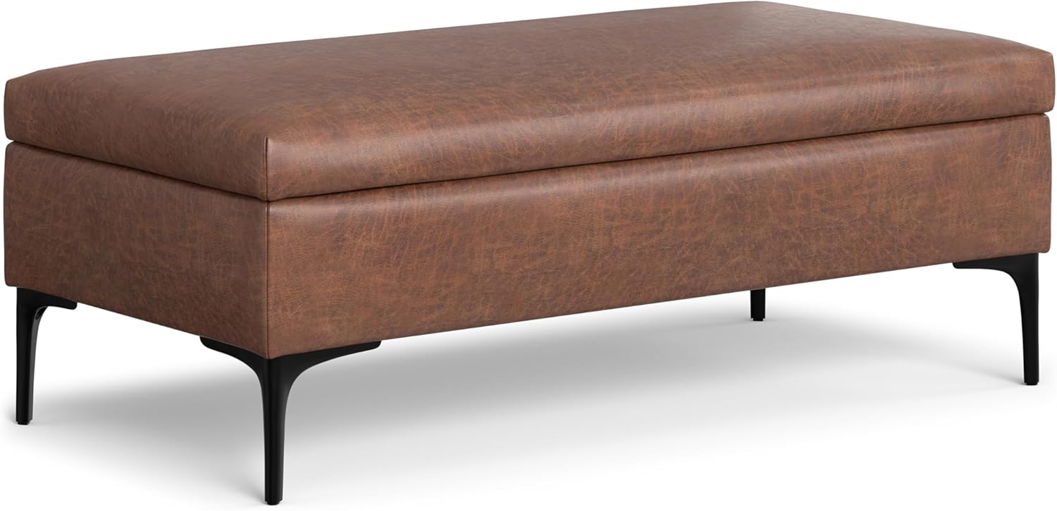 SIMPLIHOME Rebecca Storage Ottoman - 48 inch Wide Upholstered Vegan Leather Coffee Table Ottoman in Distressed Saddle Brown, Mid-Century Modern Lift-Top Storage for Living Room with Safety Hinges