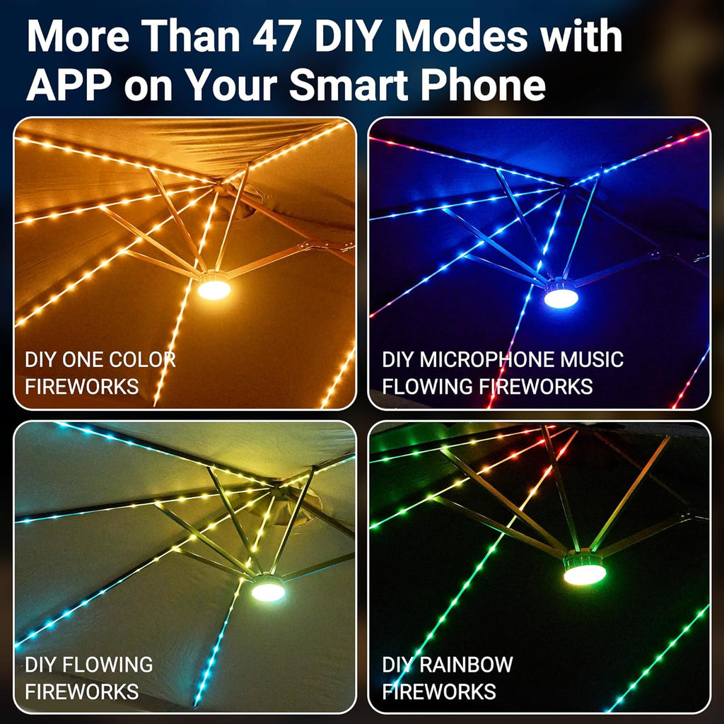 HOOOWOOO Outdoor Patio Umbrella With Solar Light,15 Ft Large Beach Umbrella,Picnic Parasol Sunshade W Base 156 Colorful LED APP Control DIY Light Modes Crank Handle For Backyard Deck Pool Shade