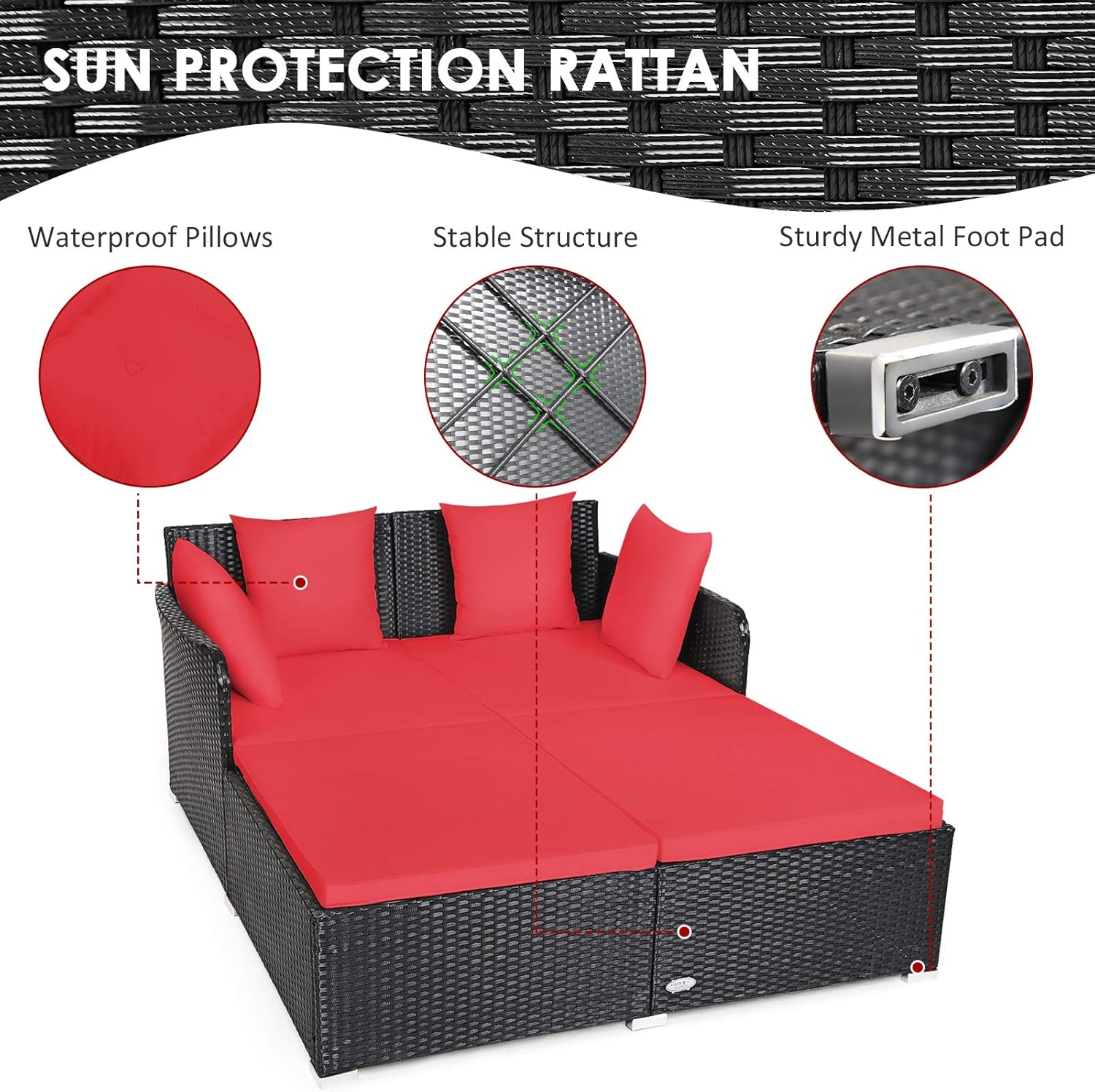 COSTWAY Outdoor Patio Rattan Daybed, Sponge Cushioned Loveseat Sofa with 4 Pillows, Wicker Furniture Sunbed for Balcony, Courtyard (Red)