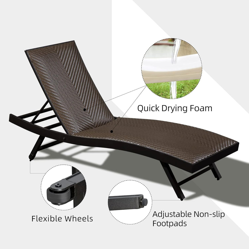 Domi 3 PCS Outdoor Chaise Lounge Set, Aluminum Patio Padded Quick Dry Foam Wicker Lounge Chair with Adjustable Back for Beach Poolside Lawn Sunbathing (2 Chairs W/Table)