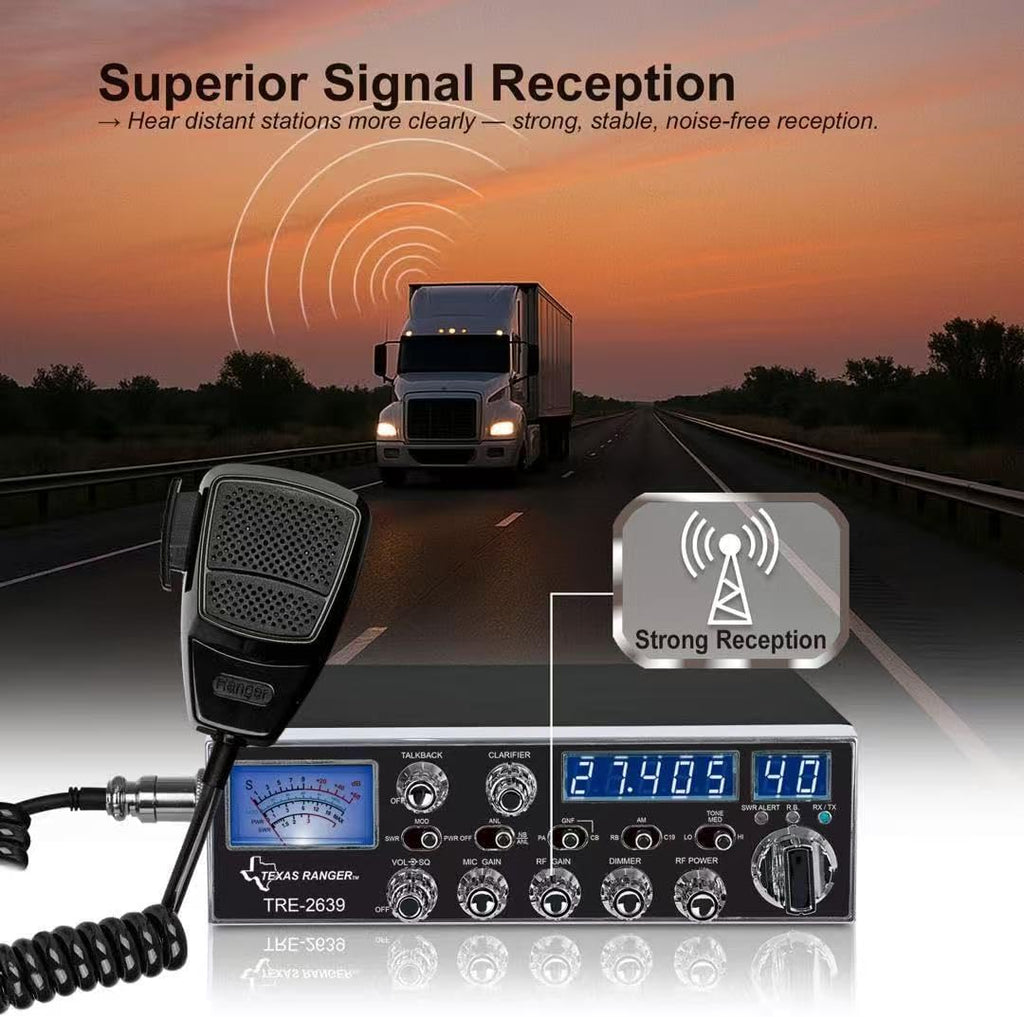 Texas Ranger TRE-2639 40 Channel AM CB Radio for Truckers – Metal-Reinforced Front Panel, Large Multi-Function Meter, GNF Noise Filter, Variable Power, Talkback & SWR Protection, Quick CH19