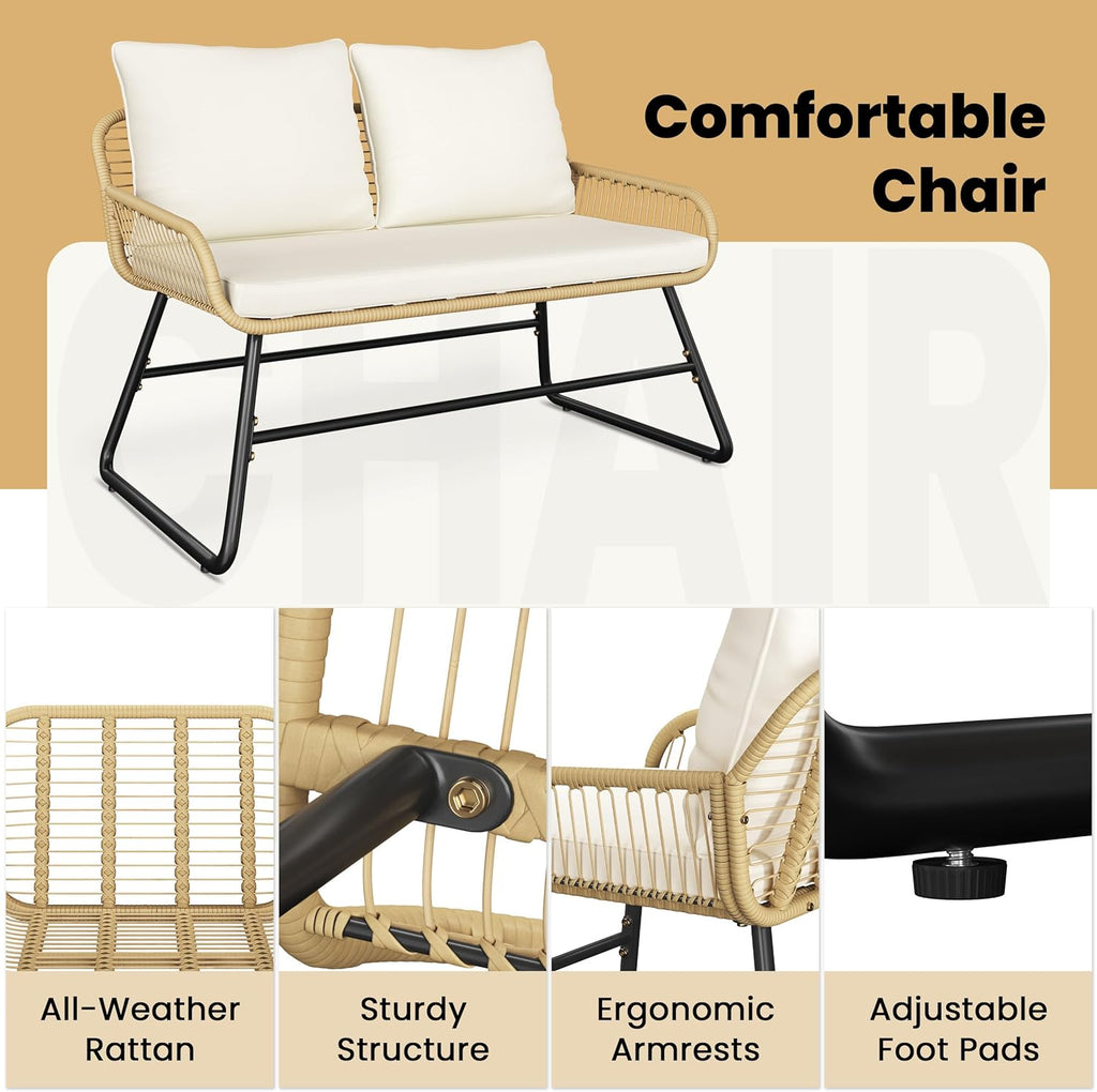 Yaheetech 4 Piece Patio Furniture Set, Outdoor Wicker Conversation Sets, Boho Loveseat & 2 Armchairs with Cushion and Pillow, Glass Top Table for Backyard, Porch, Balcony, Deck - Tan/Cream